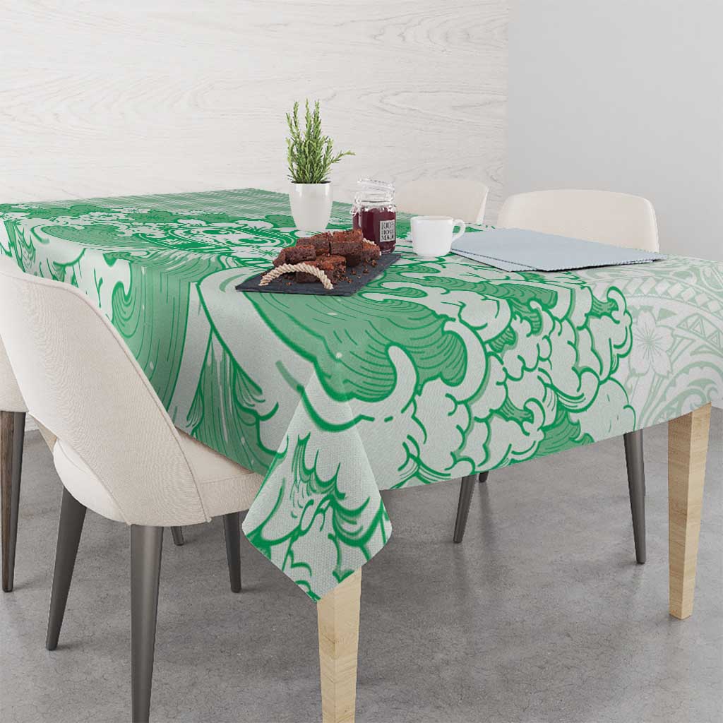Green Palaka Hawaiian And Japanese Tablecloth Maneki Neko And Sakura Bloom DT05 - Polynesian Pride