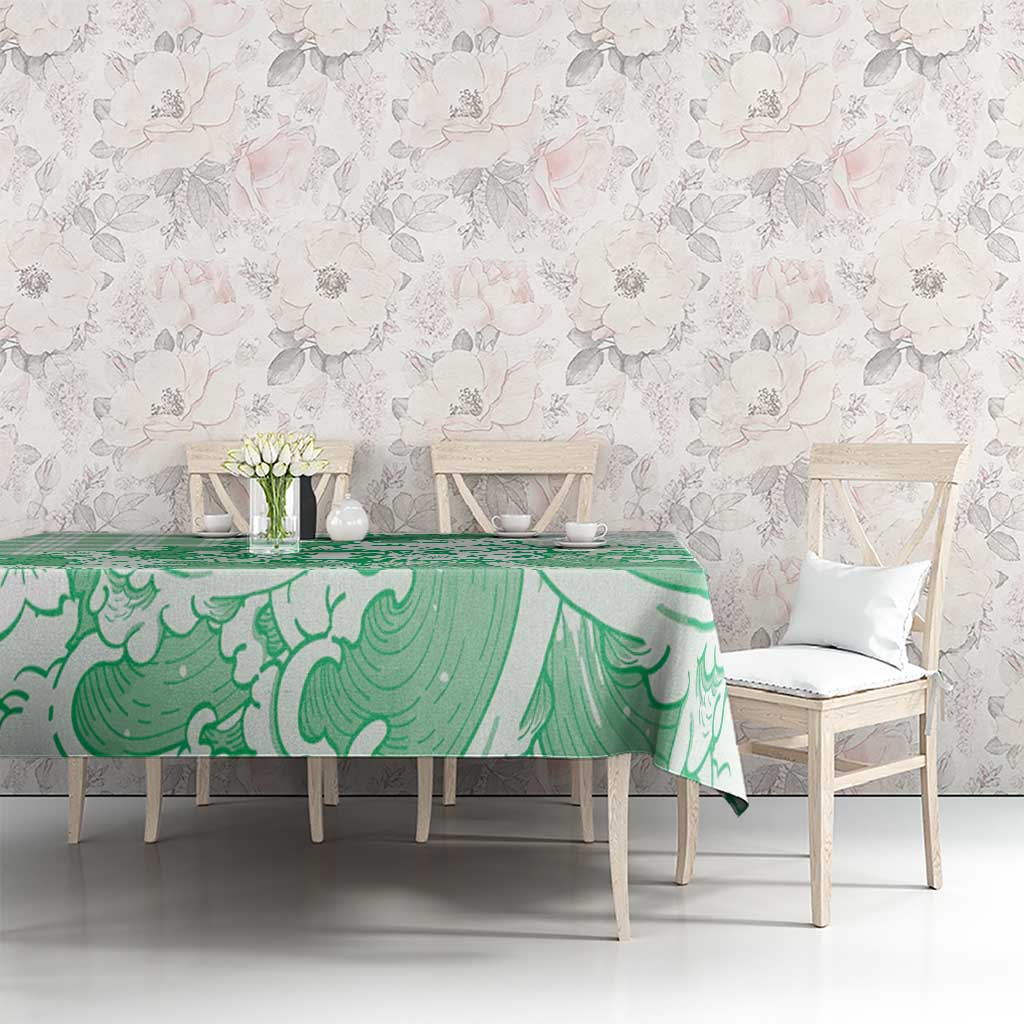 Green Palaka Hawaiian And Japanese Tablecloth Maneki Neko And Sakura Bloom DT05 - Polynesian Pride