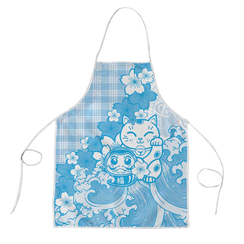 Blue Palaka Hawaiian And Japanese Apron Maneki Neko And Sakura Bloom DT05 Blue - Polynesian Pride