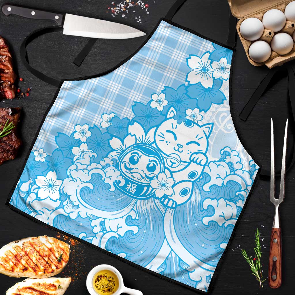 Blue Palaka Hawaiian And Japanese Apron Maneki Neko And Sakura Bloom DT05 Blue - Polynesian Pride