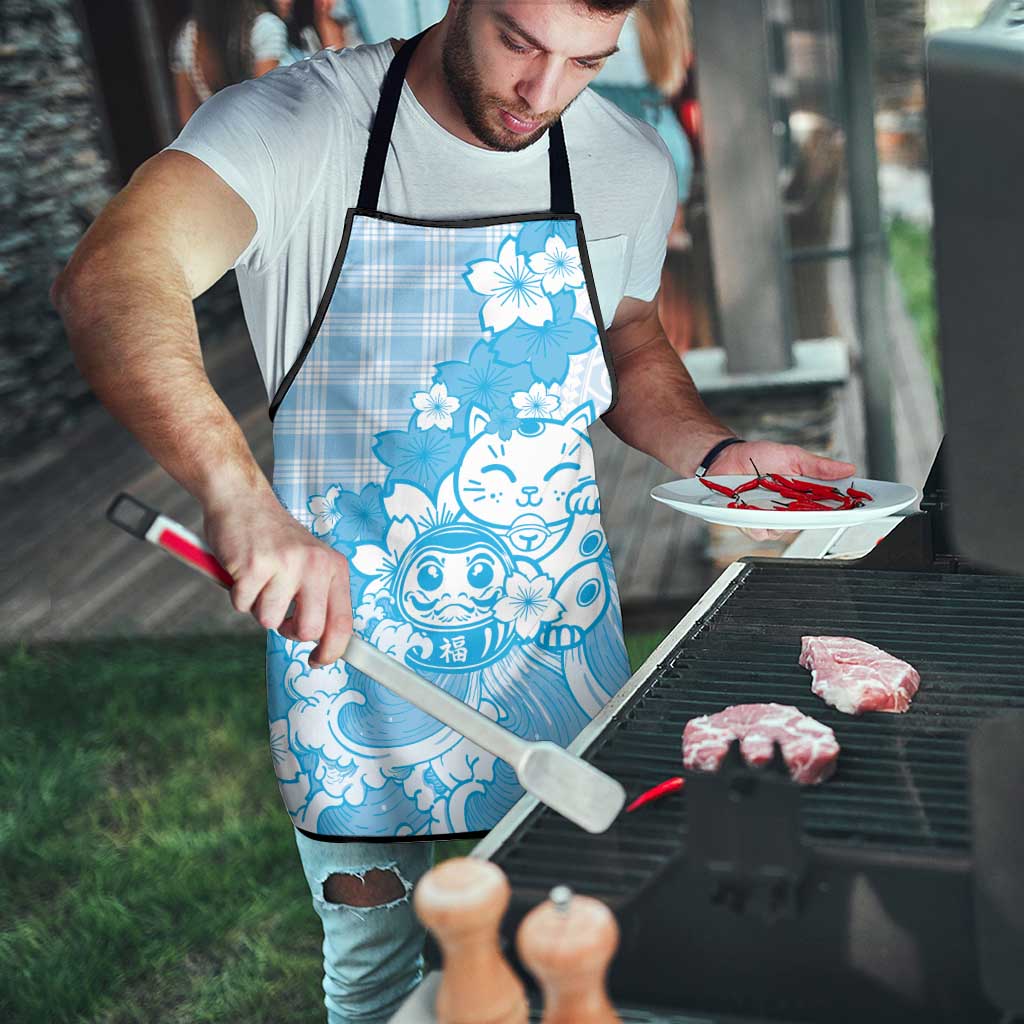 Blue Palaka Hawaiian And Japanese Apron Maneki Neko And Sakura Bloom DT05 - Polynesian Pride