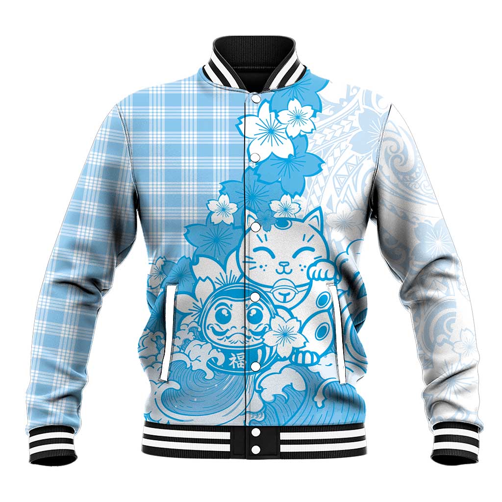 Blue Palaka Hawaiian And Japanese Baseball Jacket Maneki Neko And Sakura Bloom DT05 Unisex Blue - Polynesian Pride