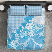 Blue Palaka Hawaiian And Japanese Bedding Set Maneki Neko And Sakura Bloom DT05 Blue - Polynesian Pride