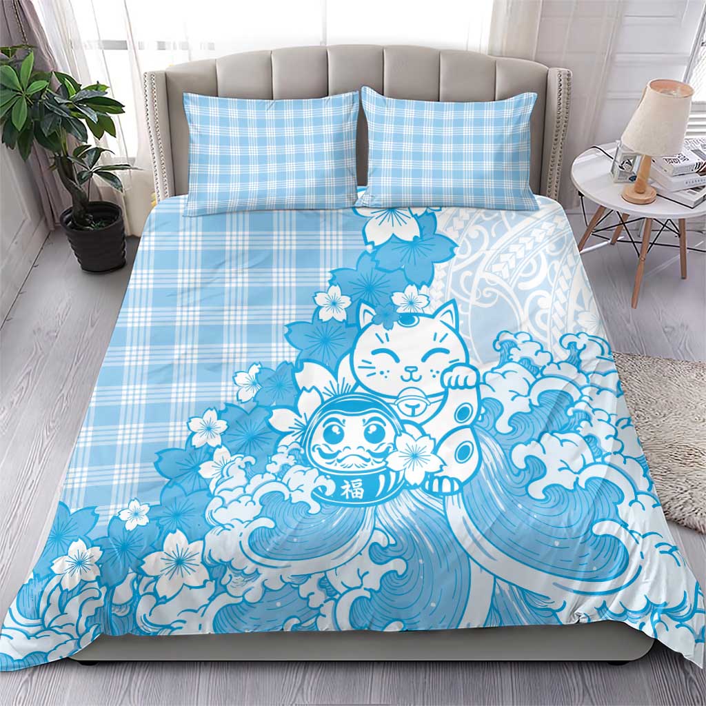 Blue Palaka Hawaiian And Japanese Bedding Set Maneki Neko And Sakura Bloom DT05 - Polynesian Pride