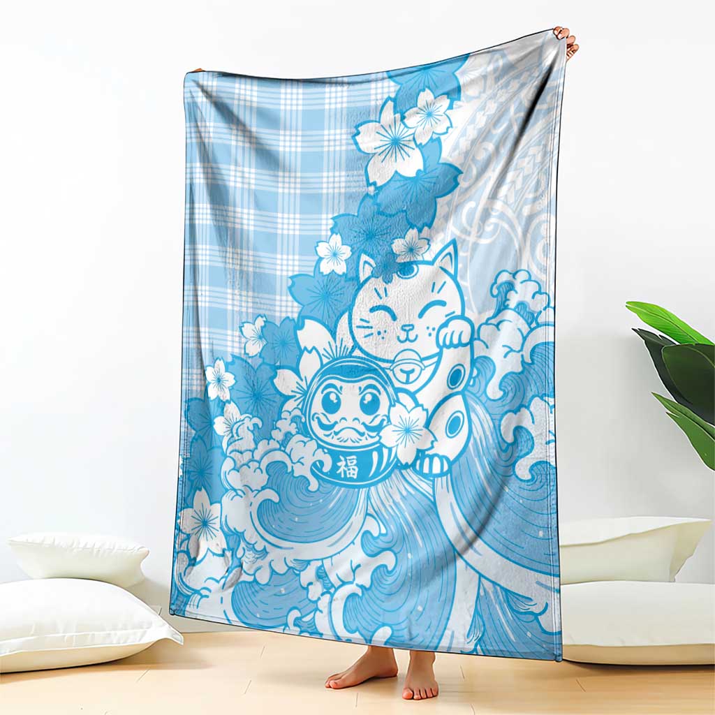 Blue Palaka Hawaiian And Japanese Blanket Maneki Neko And Sakura Bloom DT05 - Polynesian Pride