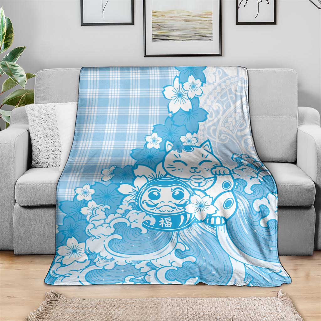 Blue Palaka Hawaiian And Japanese Blanket Maneki Neko And Sakura Bloom DT05 - Polynesian Pride