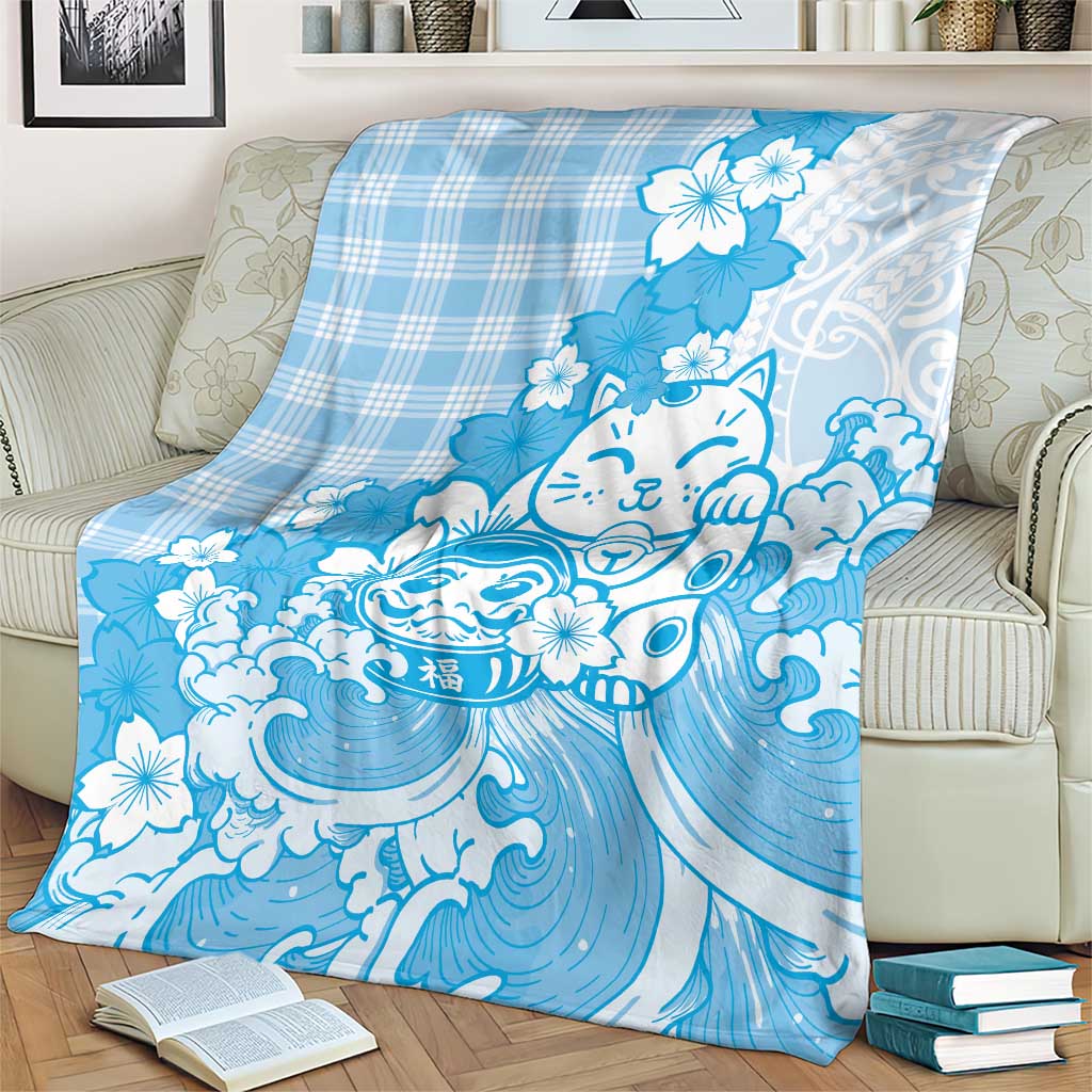 Blue Palaka Hawaiian And Japanese Blanket Maneki Neko And Sakura Bloom DT05 - Polynesian Pride