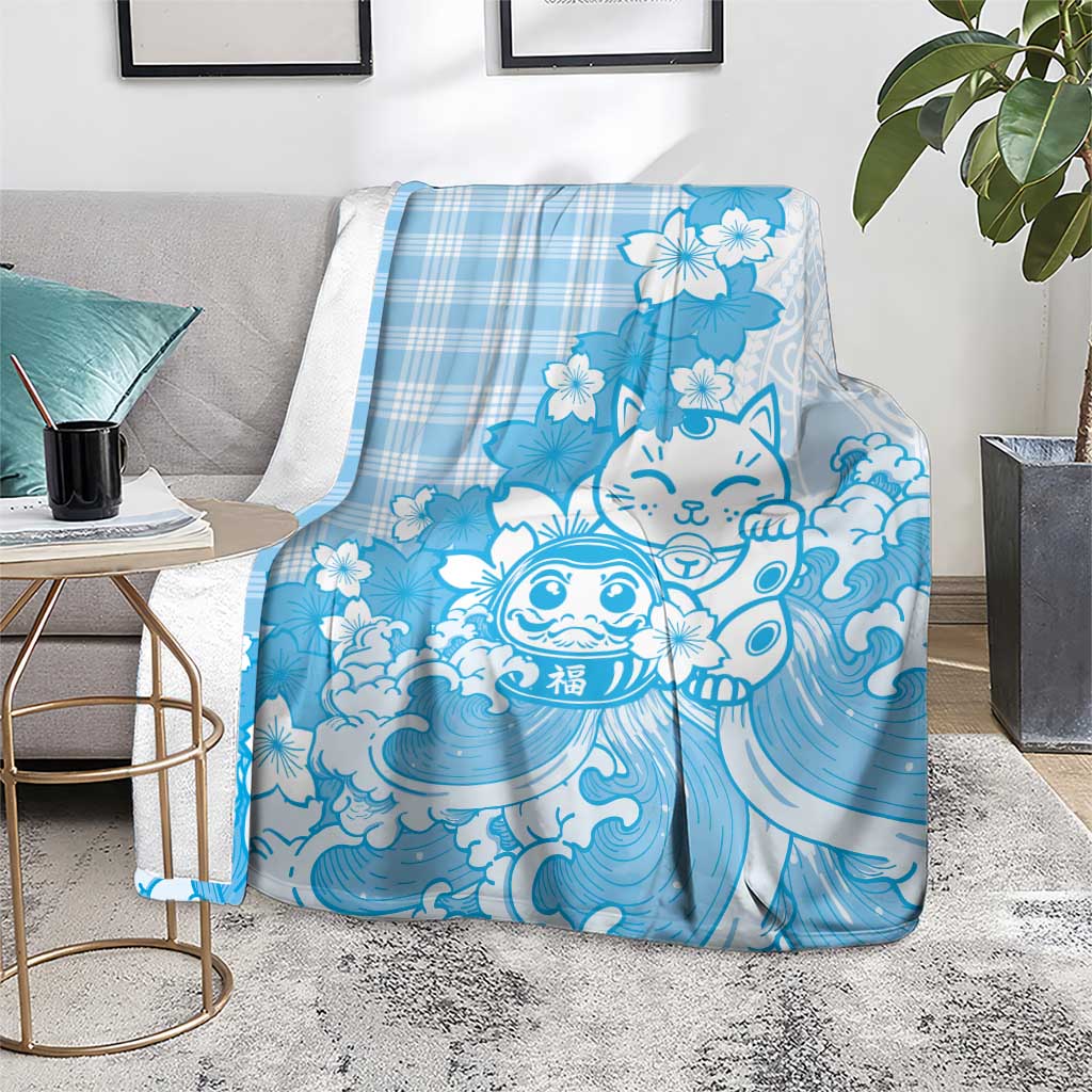 Blue Palaka Hawaiian And Japanese Blanket Maneki Neko And Sakura Bloom DT05 - Polynesian Pride