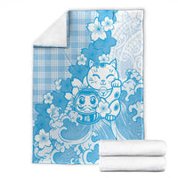 Blue Palaka Hawaiian And Japanese Blanket Maneki Neko And Sakura Bloom DT05 - Polynesian Pride