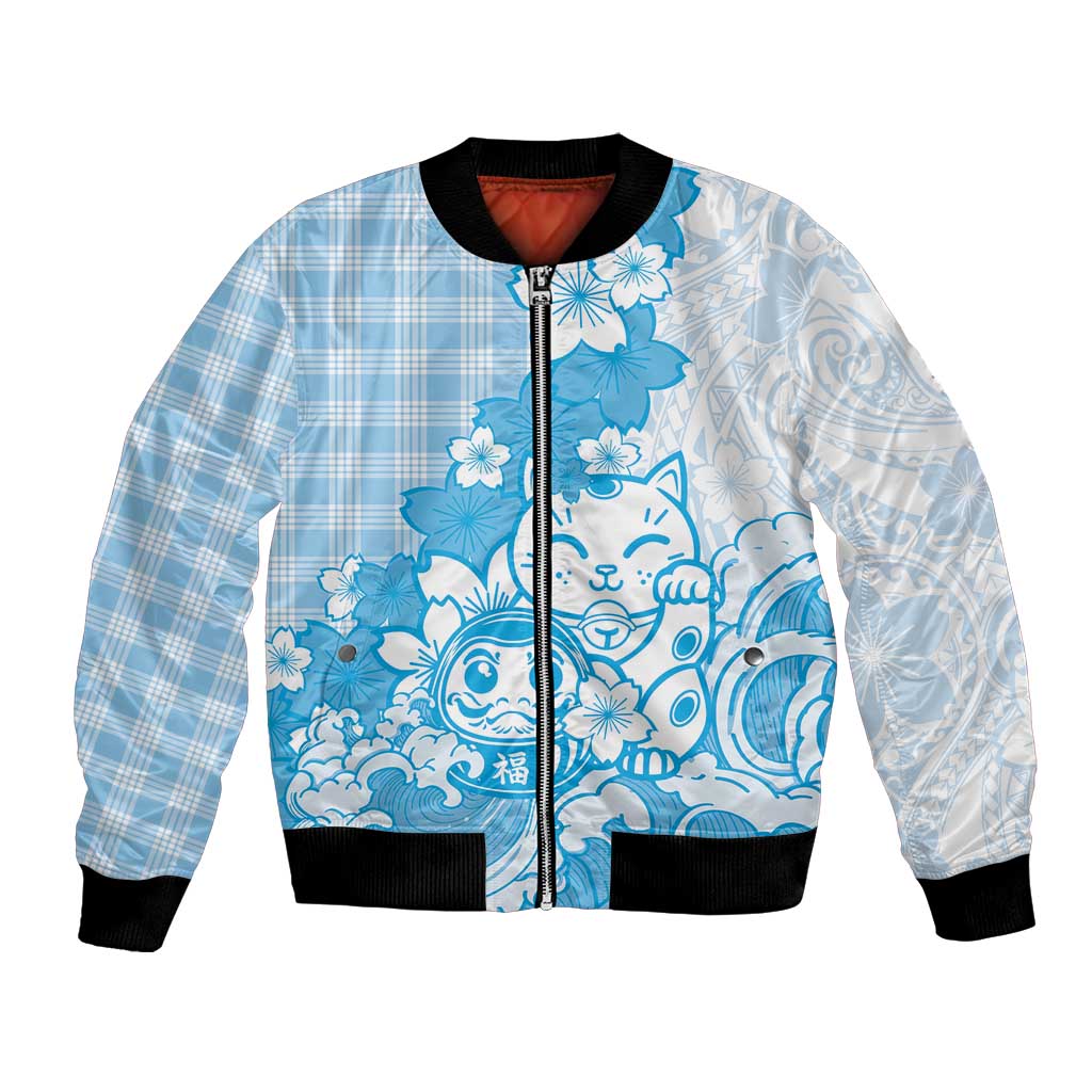Blue Palaka Hawaiian And Japanese Bomber Jacket Maneki Neko And Sakura Bloom DT05 Unisex Blue - Polynesian Pride