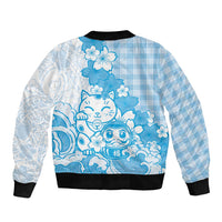 Blue Palaka Hawaiian And Japanese Bomber Jacket Maneki Neko And Sakura Bloom DT05 - Polynesian Pride