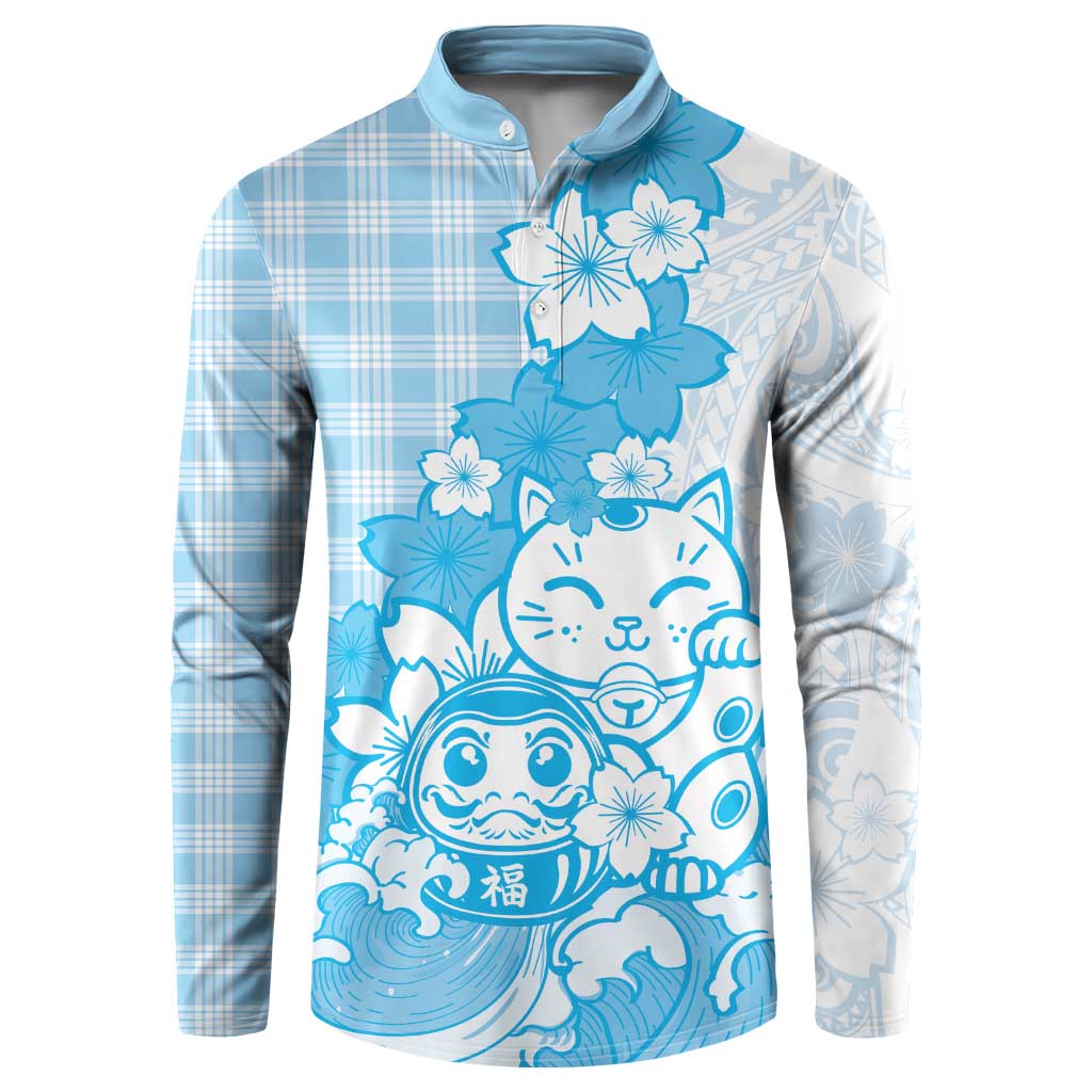 Blue Palaka Hawaiian And Japanese Button Sweatshirt Maneki Neko And Sakura Bloom DT05 Blue - Polynesian Pride