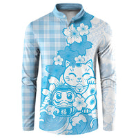 Blue Palaka Hawaiian And Japanese Button Sweatshirt Maneki Neko And Sakura Bloom DT05 Blue - Polynesian Pride