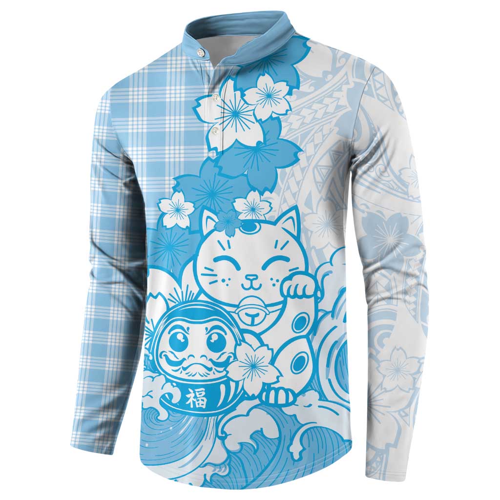 Blue Palaka Hawaiian And Japanese Button Sweatshirt Maneki Neko And Sakura Bloom DT05 - Polynesian Pride