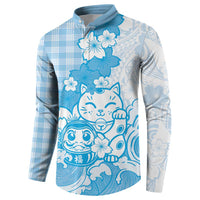 Blue Palaka Hawaiian And Japanese Button Sweatshirt Maneki Neko And Sakura Bloom DT05 - Polynesian Pride