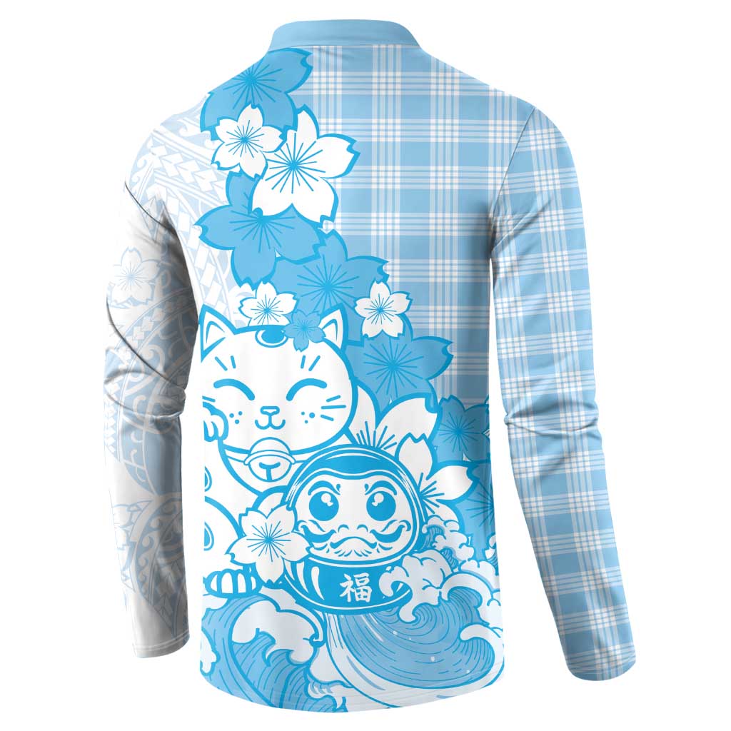 Blue Palaka Hawaiian And Japanese Button Sweatshirt Maneki Neko And Sakura Bloom DT05 - Polynesian Pride