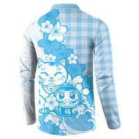 Blue Palaka Hawaiian And Japanese Button Sweatshirt Maneki Neko And Sakura Bloom DT05 - Polynesian Pride