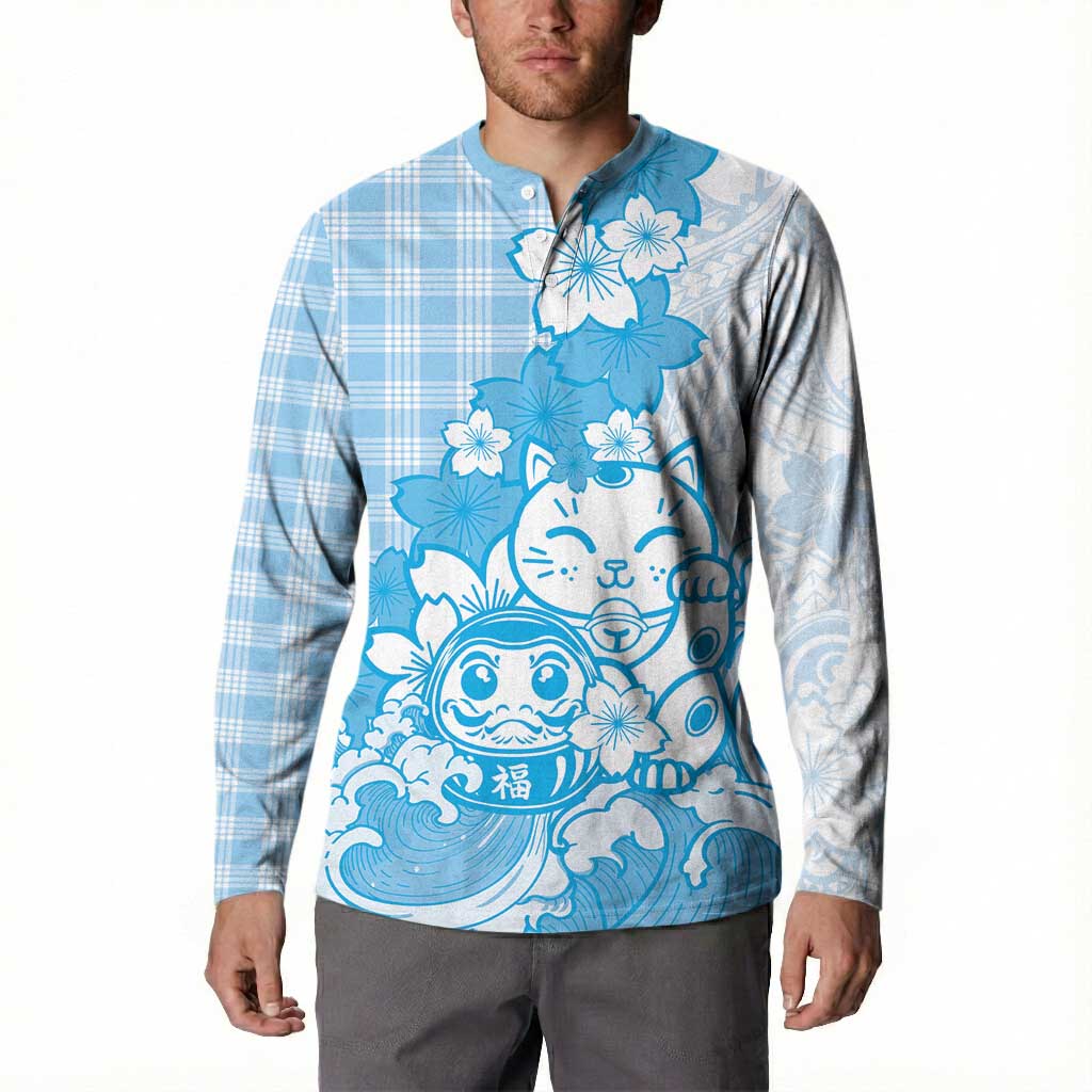 Blue Palaka Hawaiian And Japanese Button Sweatshirt Maneki Neko And Sakura Bloom DT05 - Polynesian Pride