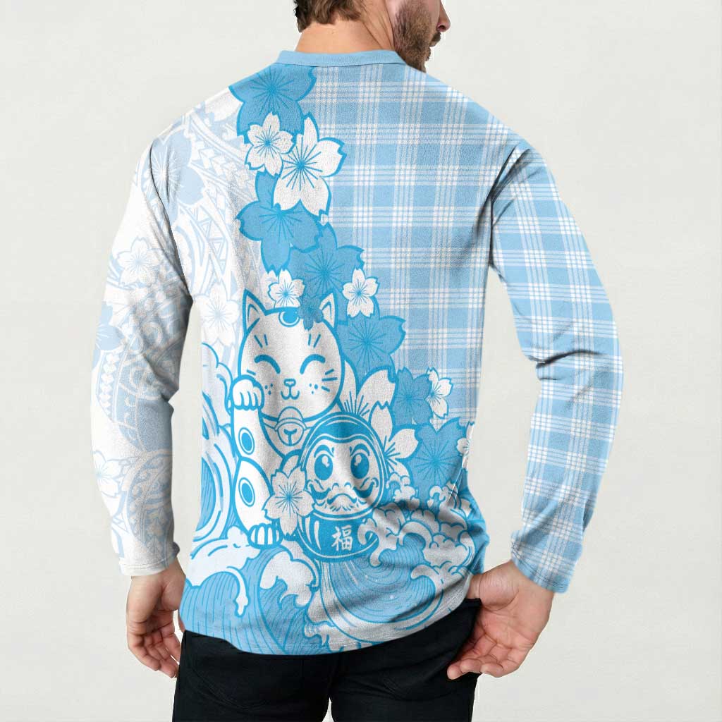 Blue Palaka Hawaiian And Japanese Button Sweatshirt Maneki Neko And Sakura Bloom DT05 - Polynesian Pride