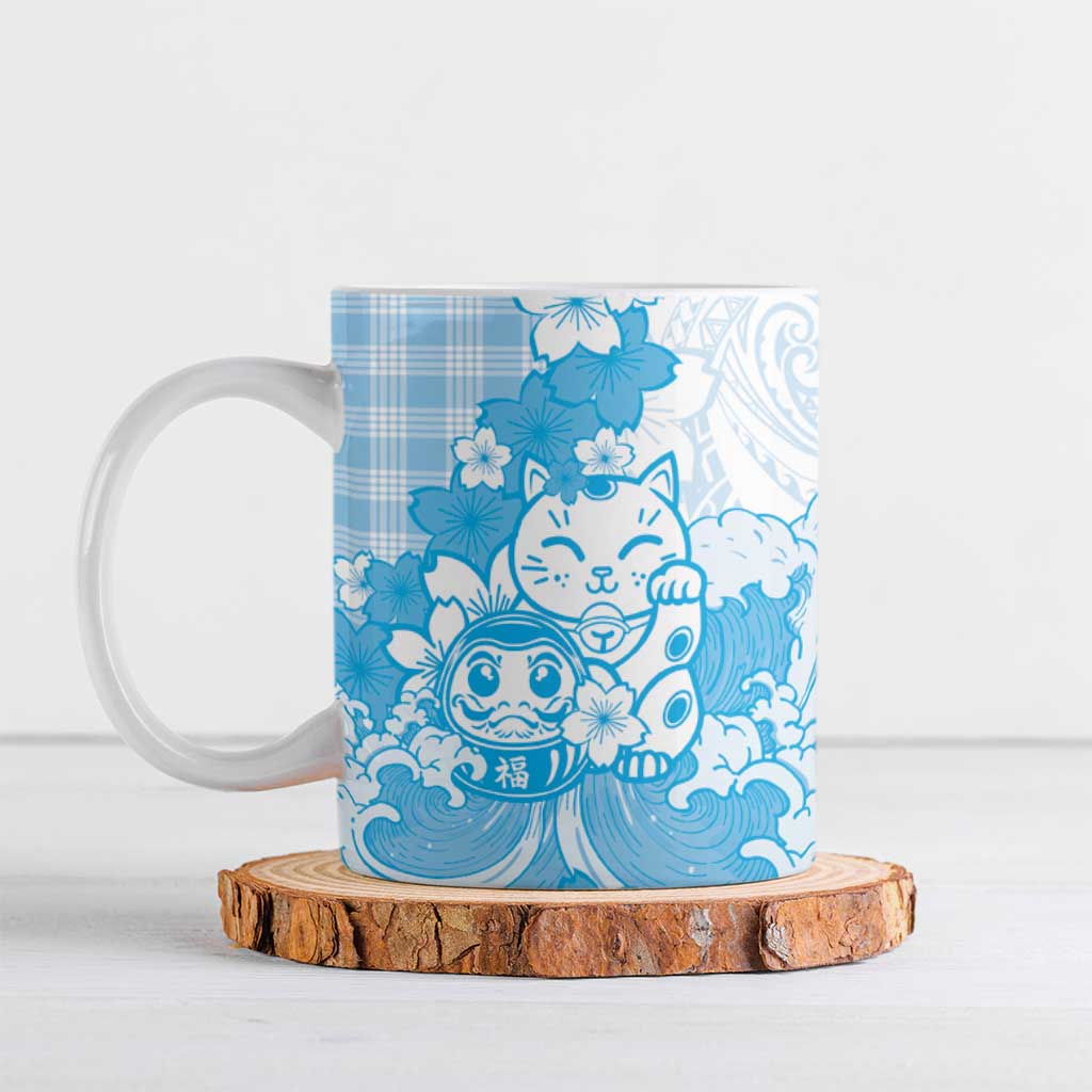 Blue Palaka Hawaiian And Japanese Ceramic Mug Maneki Neko And Sakura Bloom DT05 Blue - Polynesian Pride