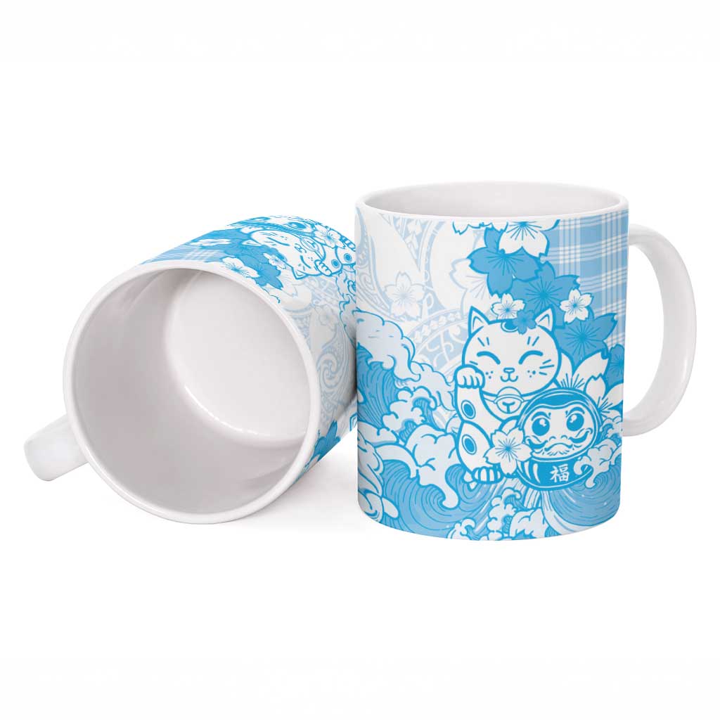 Blue Palaka Hawaiian And Japanese Ceramic Mug Maneki Neko And Sakura Bloom DT05 - Polynesian Pride