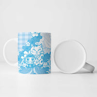 Blue Palaka Hawaiian And Japanese Ceramic Mug Maneki Neko And Sakura Bloom DT05 - Polynesian Pride