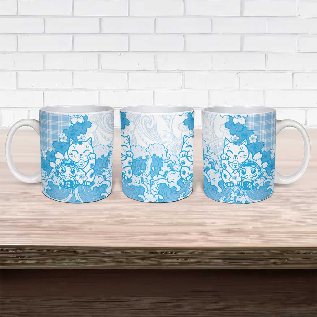 Blue Palaka Hawaiian And Japanese Ceramic Mug Maneki Neko And Sakura Bloom DT05 - Polynesian Pride