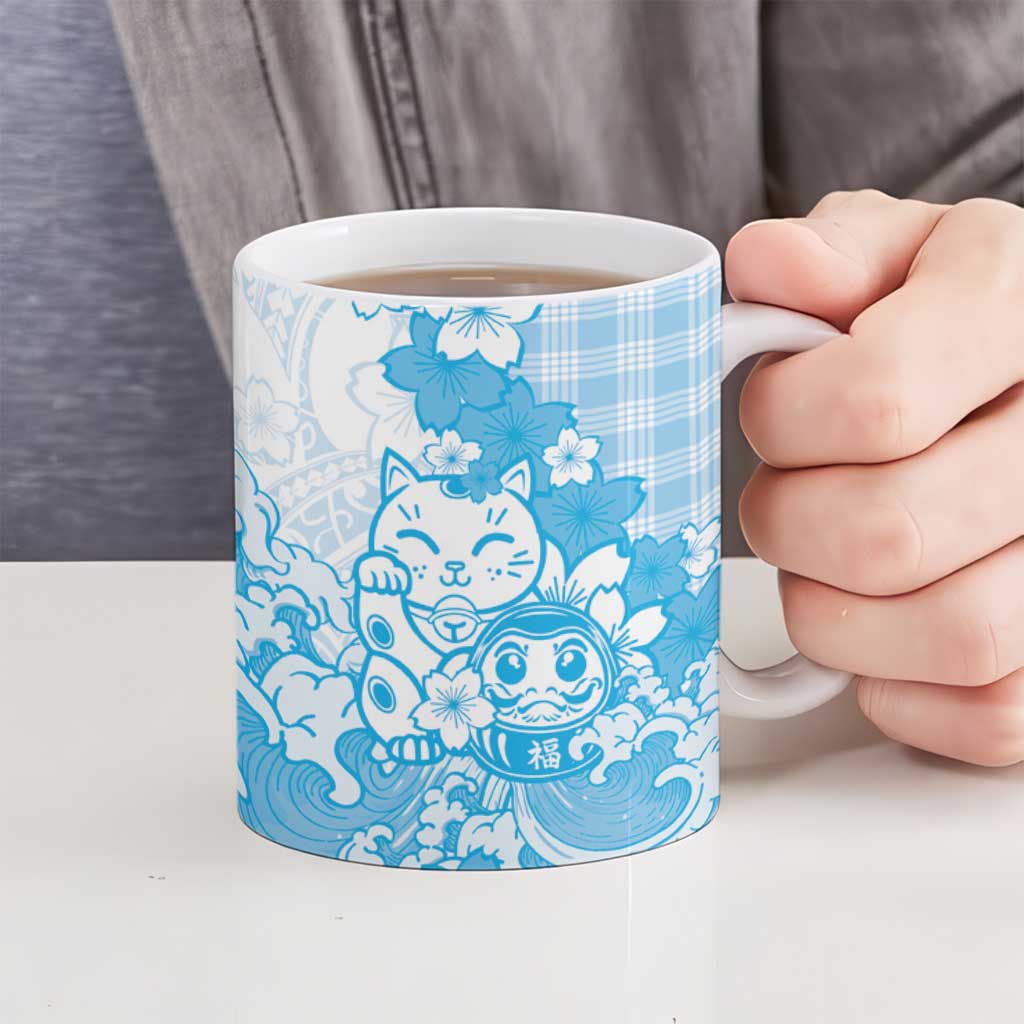 Blue Palaka Hawaiian And Japanese Ceramic Mug Maneki Neko And Sakura Bloom DT05 - Polynesian Pride