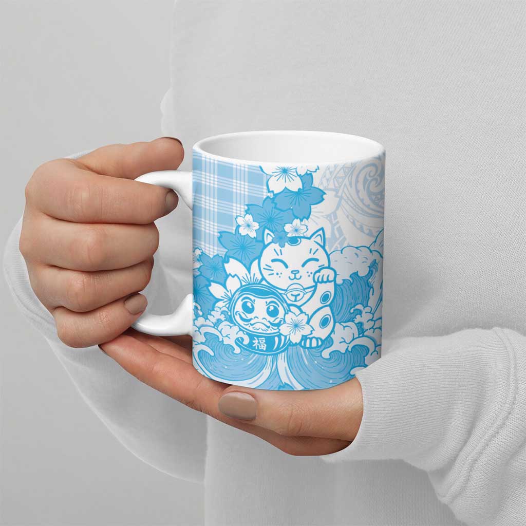 Blue Palaka Hawaiian And Japanese Ceramic Mug Maneki Neko And Sakura Bloom DT05 - Polynesian Pride