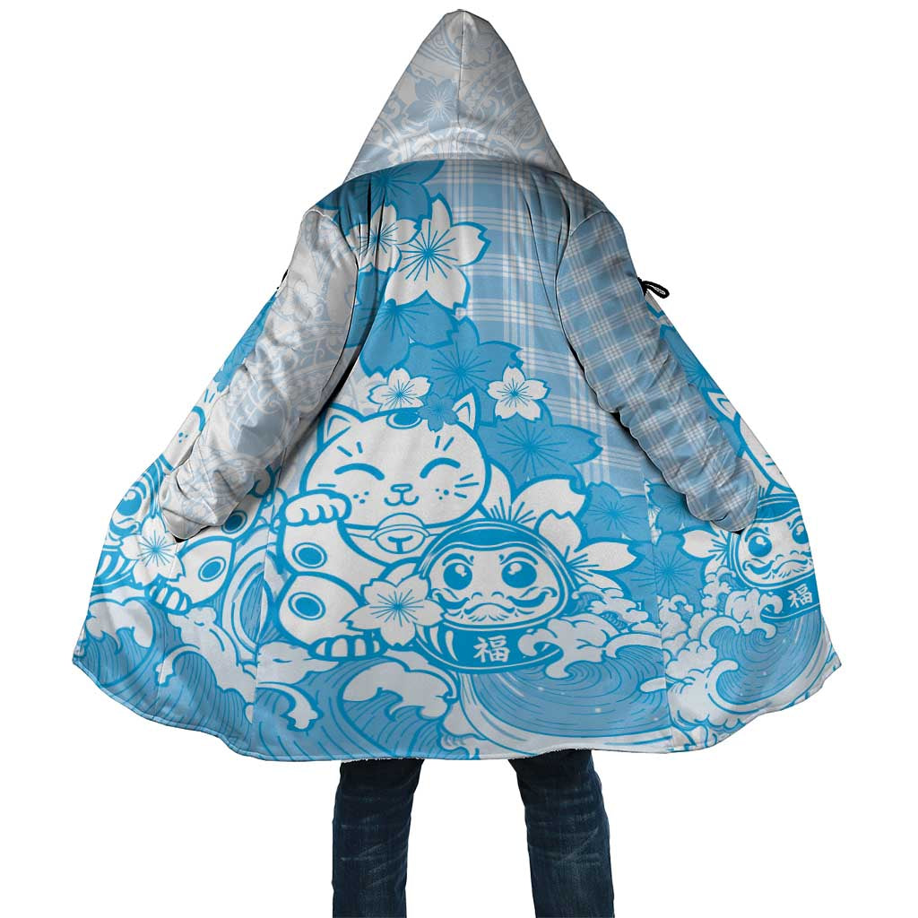 Blue Palaka Hawaiian And Japanese Cloak Maneki Neko And Sakura Bloom DT05 Unisex Blue - Polynesian Pride