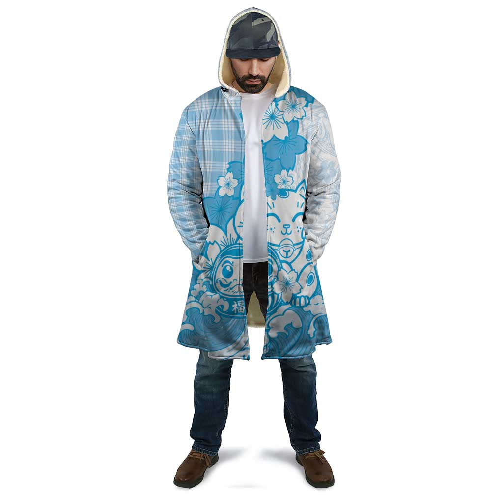 Blue Palaka Hawaiian And Japanese Cloak Maneki Neko And Sakura Bloom DT05 - Polynesian Pride
