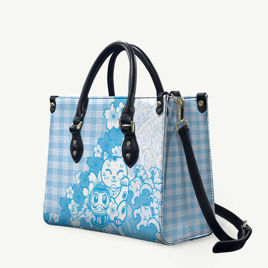 Blue Palaka Hawaiian And Japanese Leather Bag Maneki Neko And Sakura Bloom DT05 Blue - Polynesian Pride