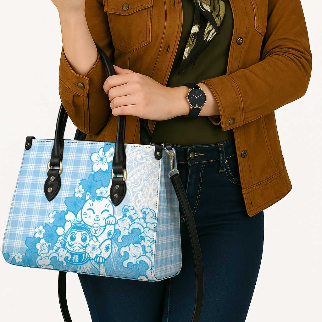 Blue Palaka Hawaiian And Japanese Leather Bag Maneki Neko And Sakura Bloom DT05 - Polynesian Pride