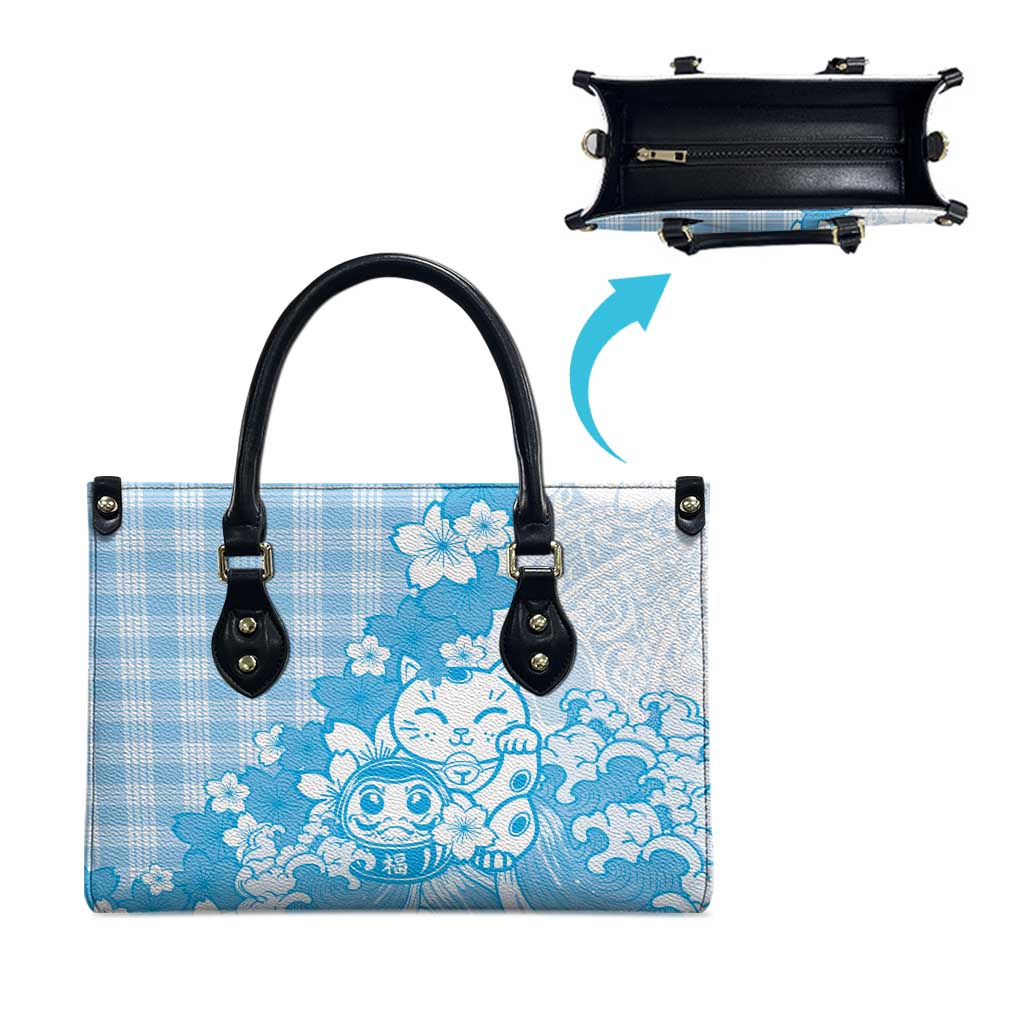 Blue Palaka Hawaiian And Japanese Leather Bag Maneki Neko And Sakura Bloom DT05 - Polynesian Pride