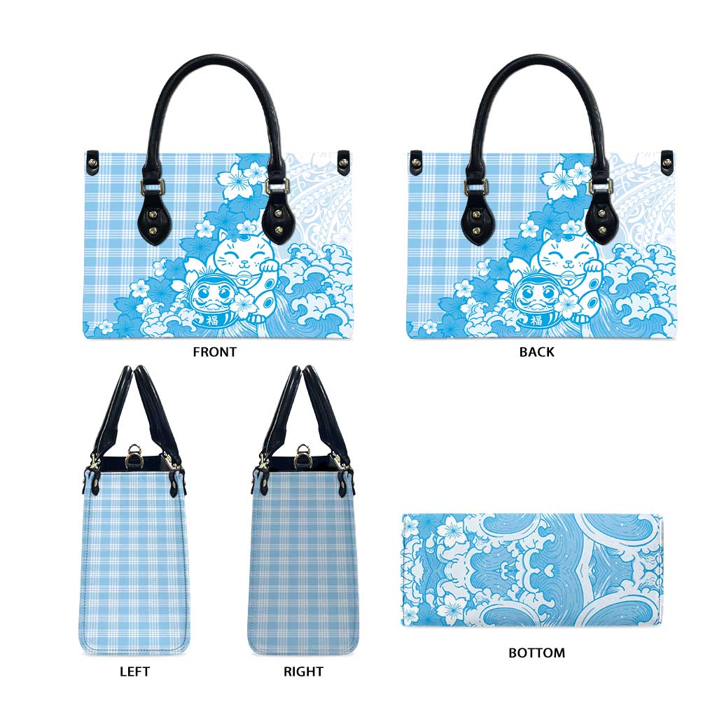 Blue Palaka Hawaiian And Japanese Leather Bag Maneki Neko And Sakura Bloom DT05 - Polynesian Pride