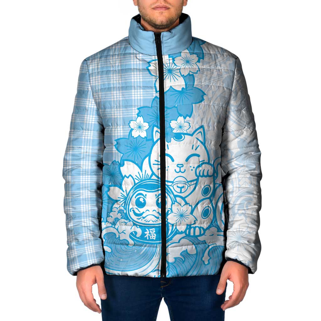 Blue Palaka Hawaiian And Japanese Padded Jacket Maneki Neko And Sakura Bloom DT05 Men Blue - Polynesian Pride