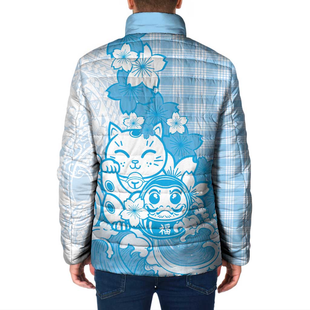 Blue Palaka Hawaiian And Japanese Padded Jacket Maneki Neko And Sakura Bloom DT05 - Polynesian Pride