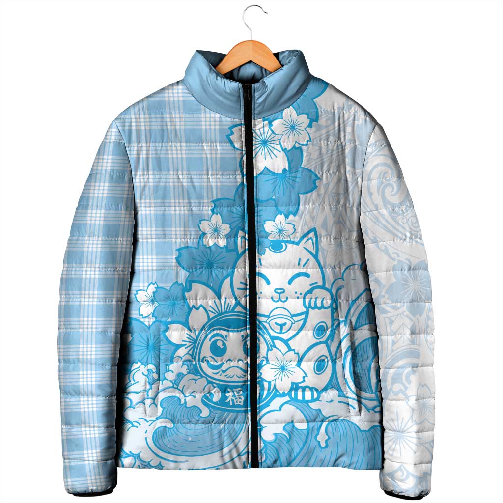 Blue Palaka Hawaiian And Japanese Padded Jacket Maneki Neko And Sakura Bloom DT05 - Polynesian Pride