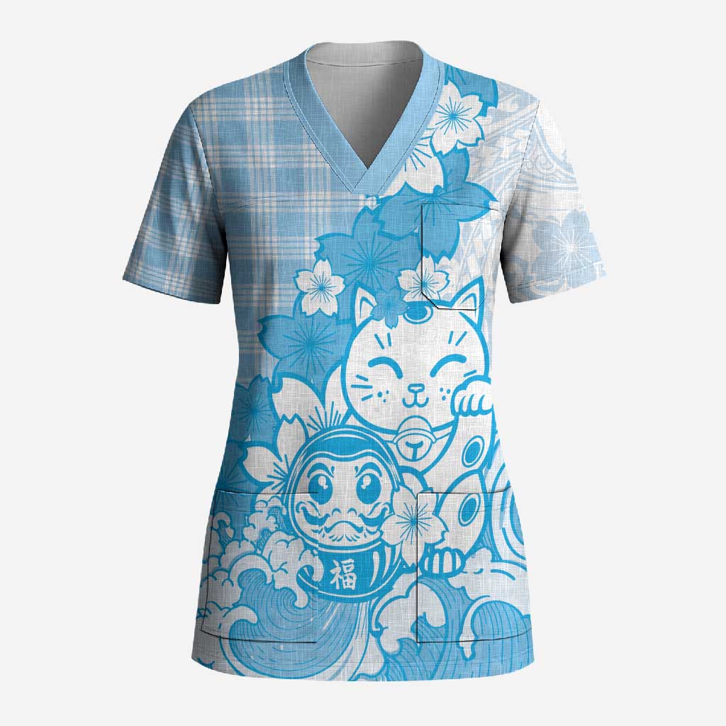 Blue Palaka Hawaiian And Japanese Scrub Top Maneki Neko And Sakura Bloom DT05 Adult Blue - Polynesian Pride