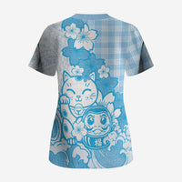 Blue Palaka Hawaiian And Japanese Scrub Top Maneki Neko And Sakura Bloom DT05 - Polynesian Pride