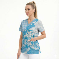 Blue Palaka Hawaiian And Japanese Scrub Top Maneki Neko And Sakura Bloom DT05 - Polynesian Pride