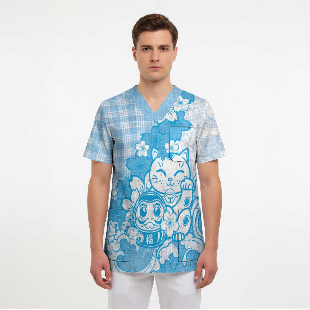 Blue Palaka Hawaiian And Japanese Scrub Top Maneki Neko And Sakura Bloom DT05 - Polynesian Pride