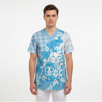 Blue Palaka Hawaiian And Japanese Scrub Top Maneki Neko And Sakura Bloom DT05 - Polynesian Pride