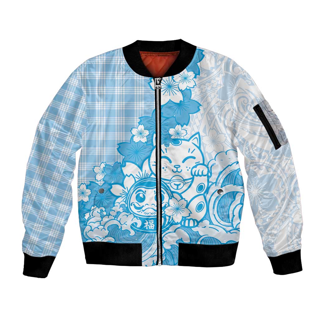 Blue Palaka Hawaiian And Japanese Sleeve Zip Bomber Jacket Maneki Neko And Sakura Bloom DT05 Unisex Blue - Polynesian Pride
