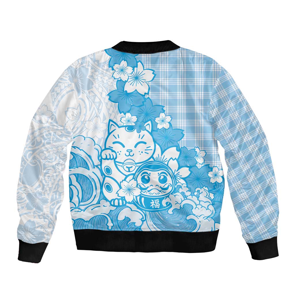 Blue Palaka Hawaiian And Japanese Sleeve Zip Bomber Jacket Maneki Neko And Sakura Bloom DT05 - Polynesian Pride