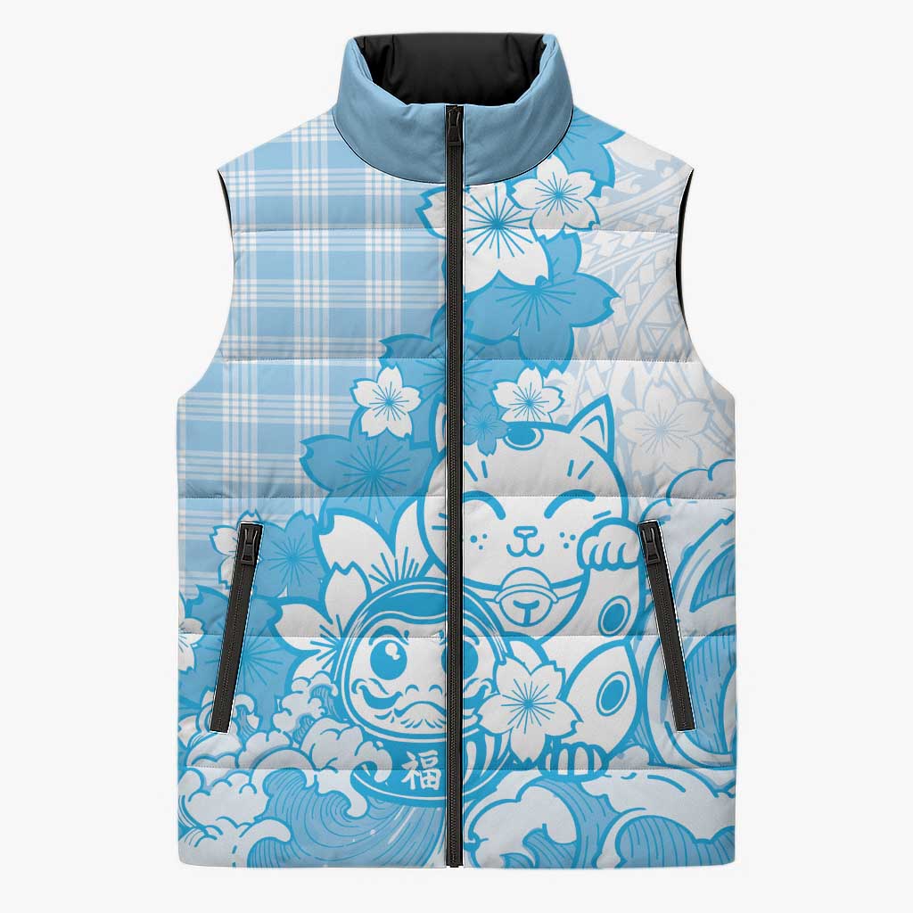Blue Palaka Hawaiian And Japanese Sleeveless Puffer Jacket Maneki Neko And Sakura Bloom DT05 Unisex Blue - Polynesian Pride