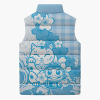 Blue Palaka Hawaiian And Japanese Sleeveless Puffer Jacket Maneki Neko And Sakura Bloom DT05 - Polynesian Pride