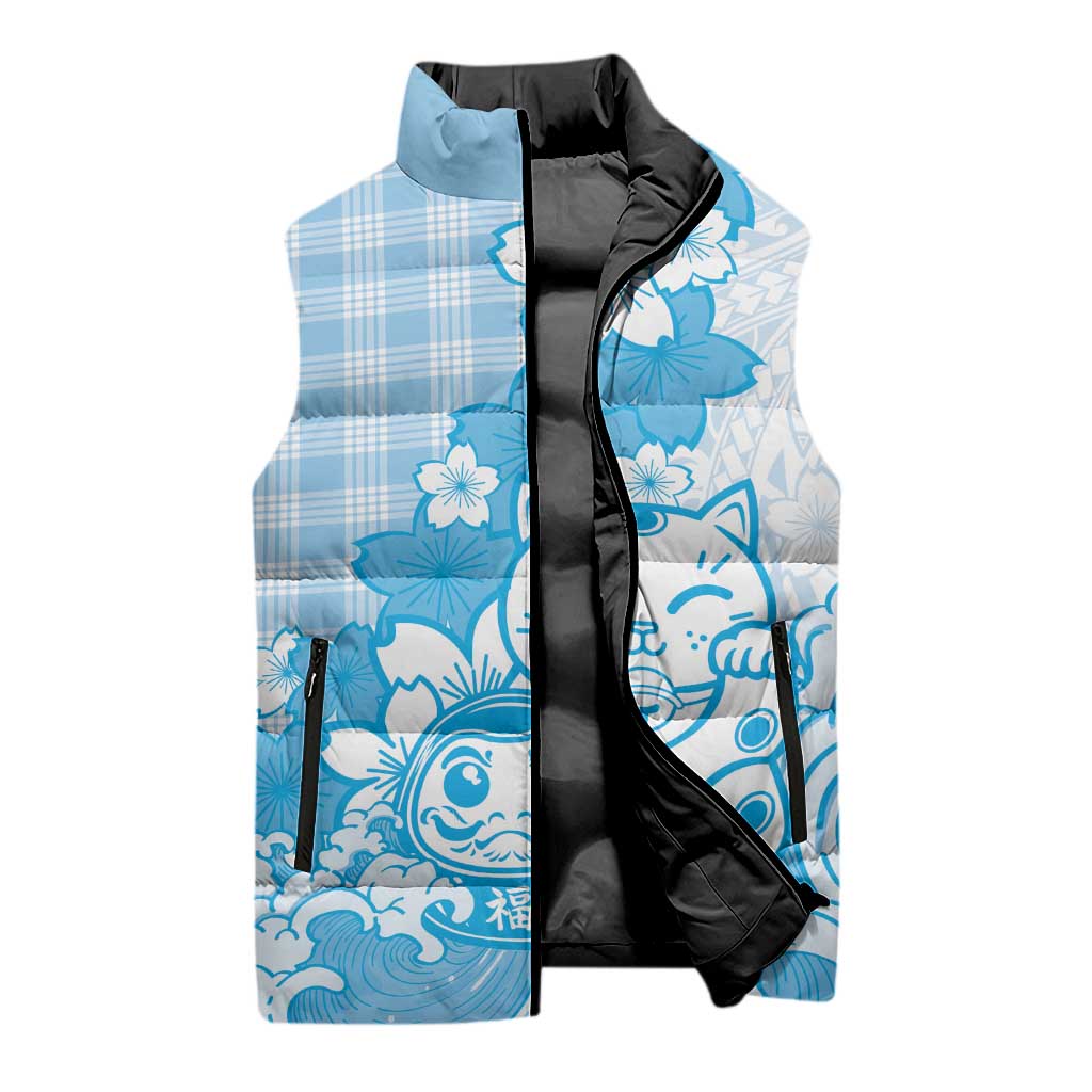 Blue Palaka Hawaiian And Japanese Sleeveless Puffer Jacket Maneki Neko And Sakura Bloom DT05 - Polynesian Pride