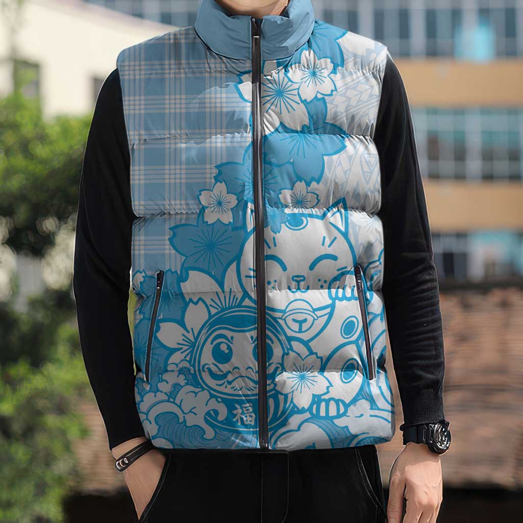 Blue Palaka Hawaiian And Japanese Sleeveless Puffer Jacket Maneki Neko And Sakura Bloom DT05 - Polynesian Pride