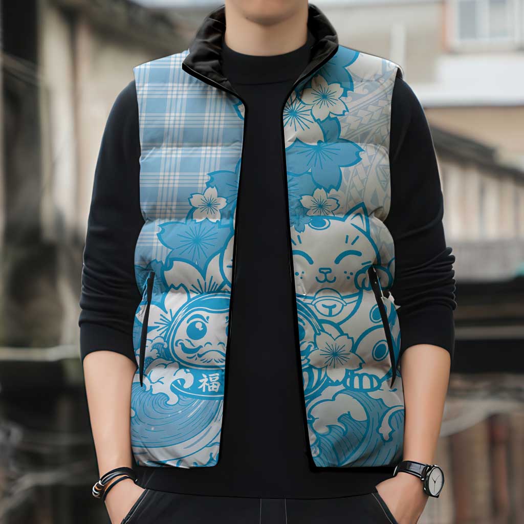 Blue Palaka Hawaiian And Japanese Sleeveless Puffer Jacket Maneki Neko And Sakura Bloom DT05 - Polynesian Pride